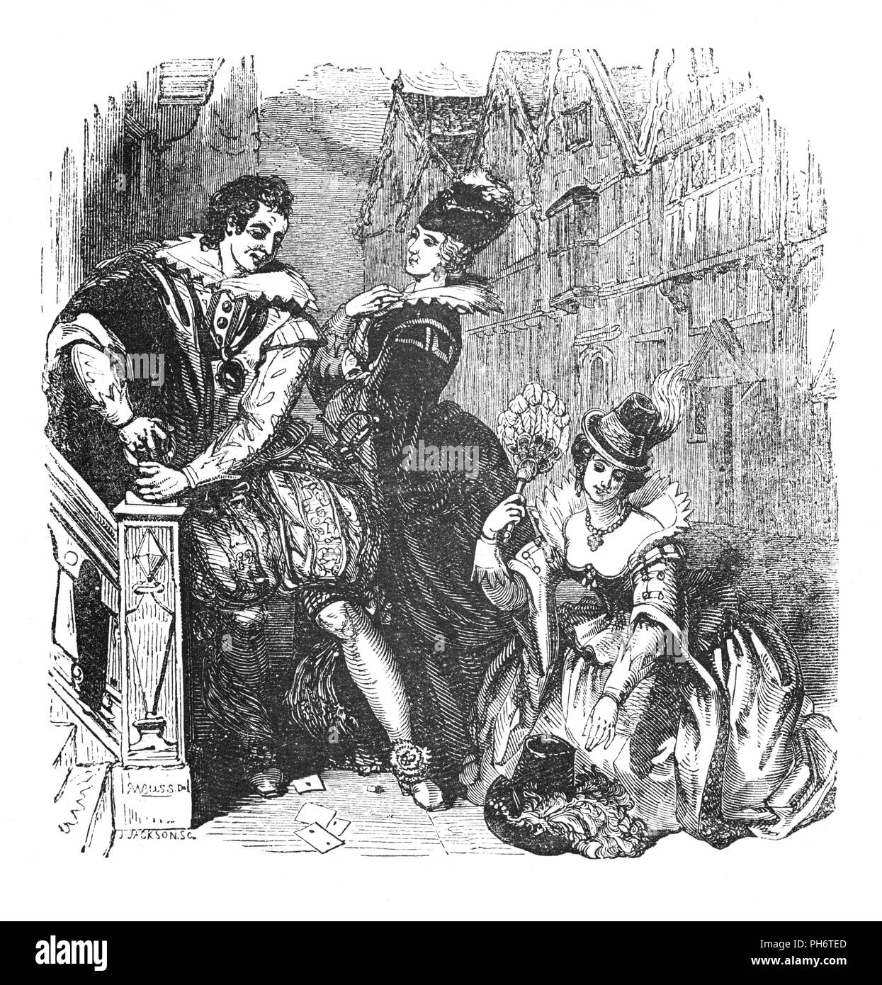Percys Reliques ist ein Folio von Balladen und Lieder gesammelt von Bischof Thomas Percy und im Jahre 1765 veröffentlicht. Einige von ihnen wurden auf dem Boden in das Haus seines Freundes Humphrey Pitt von Tiverton, eine kleine Marktstadt Shropshire, wo Pitt Mädchen mit den Blättern Feuer gefunden worden. Andere Quellen wurden die Pepys Bibliothek der Breitseite Balladen gesammelt von Samuel Pepys. Sie alle dienen 16. Jahrhundert das häusliche Leben während der Regierungszeit von Königin Elizabeth I. zu illustrieren diese zeigt eine junge Gallant neu zu seinem Laud, der hält eine Stütze der bemalten Damen auf seinen Befehl kommen. Stockfoto