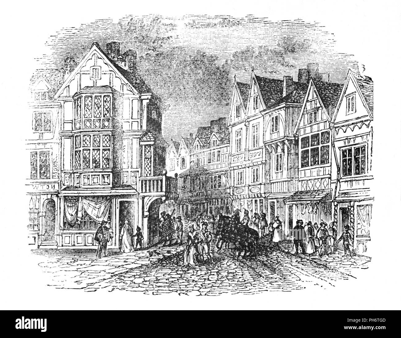 Dekorative Fachwerkhäuser im 16. Jahrhundert Southwark Street Scene, einem Stadtteil von London und ein Teil der Londoner Stadtteil Southwark, einem der ältesten Teile von London. In einem typischen Tudor House das Gewicht des Hauses wurde auf einem hölzernen Rahmen durchgeführt. Der Raum zwischen den Holzbalken wurde in entweder mit Ziegel- oder Gips gefüllt. Ziegel war teuer, also Gips als Füllung zwischen den Balken in kleineren Häusern verwendet wurde. Der Gips wird die weiß getünchten Häuser, die ihren charakteristischen schwarz-weißen Aussehen. Stockfoto
