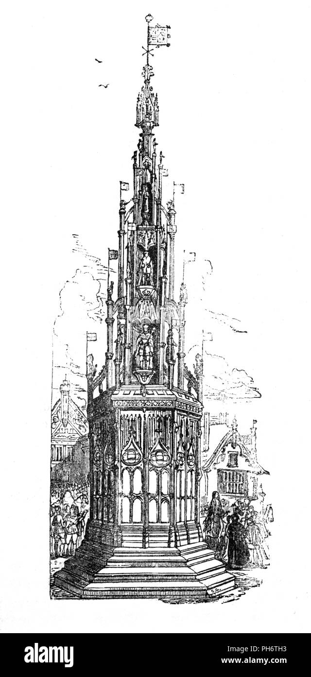 Coventry Kreuz in der Kathedrale von Coventry, England, stehen zwischen Kuckuck Lane und die Kirche der Heiligen Dreifaltigkeit in einer Gasse bekannt als Dreifaltigkeit Kirchhof. Es wurde 1541 von einem ehemaligen Bürgermeister von London erbaut, Sir William Hollyes, die in Coventry geboren, 200 £ in seinem Willen für ein neues Kreuz gelassen. Die oberen drei Geschichten halten Statuen von Heinrich VI., König John, Edward I, Heinrich II., Richard ich und Henry, über diese waren Edward III., Heinrich II., Richard III., St. Michael und St. George. Es wurde in 1544 abgeschlossen. Es war bunt bemalt und mit Gold bedeckt. Stockfoto