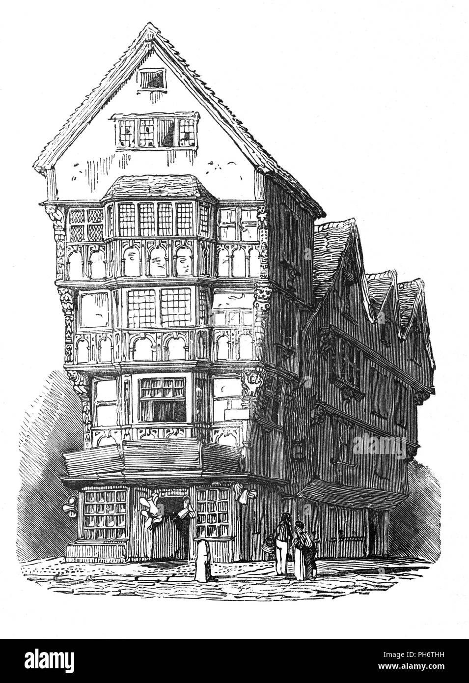Fachwerkhaus Tudor House, die früher an der Ecke der Fleet Street und Chancery Lane gestanden hat seinen Namen von der historischen High Court Chancery. Im 14. Jahrhundert London wurde die offizielle Residenz und Storage für Gerichtsakten für den Master der Walzen. In einem typischen Tudor House das Gewicht des Hauses wurde auf einem hölzernen Rahmen durchgeführt. Der Raum zwischen den Holzbalken wurde in entweder mit Ziegel- oder Gips gefüllt. Ziegel war teuer, also Gips als Füllung zwischen den Balken in kleineren Häusern und weiß getünchten verwendet wurde, geben ihren markanten schwarz-weißen Aussehen. Stockfoto