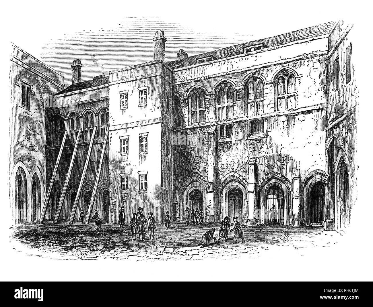 Die Nordseite des Priorat Kreuzgängen der Christ's Hospital, eine Nächstenliebe, die geförderte Internat der Gründer war Heinrich VIII., der Grauen Brüder "Kirche in der Stadt gab, die auf die Befreiung der Armen gewidmet sein, ein Geschenk, später von König Edward VI. bestätigt Der größere Teil der Schule (außer dem Kreuzgang) wurde von Sir Christopher Wren nach einem Vorschlag von Samual Pepys zu Charles II. im Jahre 1673, eine mathematische Schule für die Anweisung von 40 Jungen in der Navigation zu Fonds wieder aufgebaut. Stockfoto