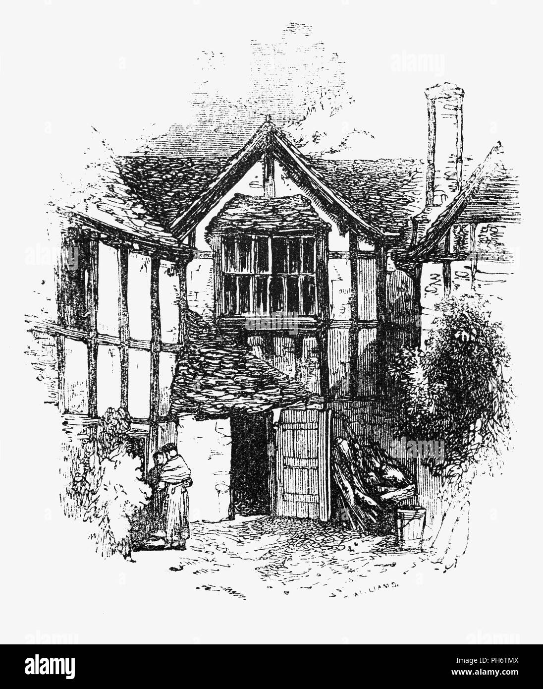 Eine Tudor House Courtyard in Evesham, einer Stadt in Worcestershire, England In einem typischen Tudor House das Gewicht des Hauses wurde auf einem hölzernen Rahmen durchgeführt. Der Raum zwischen den Holzbalken wurde in entweder mit Ziegel- oder Gips gefüllt. Ziegel war teuer, also Gips als Füllung zwischen den Balken in kleineren Häusern verwendet wurde. Der Gips wird die weiß getünchten Häuser, die ihren charakteristischen schwarz-weißen Aussehen. Stockfoto