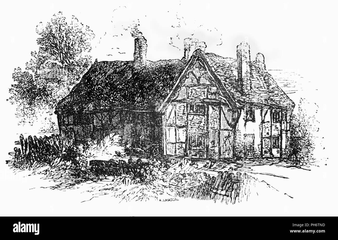 Eine Tudor House in Charlcote, in der Nähe von Stratford-upon-Avon, Warwickshire, England. In einem typischen Tudor House das Gewicht des Hauses wurde auf einem hölzernen Rahmen durchgeführt. Der Raum zwischen den Holzbalken wurde in entweder mit Ziegel- oder Gips gefüllt. Ziegel war teuer, also Gips als Füllung zwischen den Balken in kleineren Häusern verwendet wurde. Der Gips wird die weiß getünchten Häuser, die ihren charakteristischen schwarz-weißen Aussehen. Stockfoto