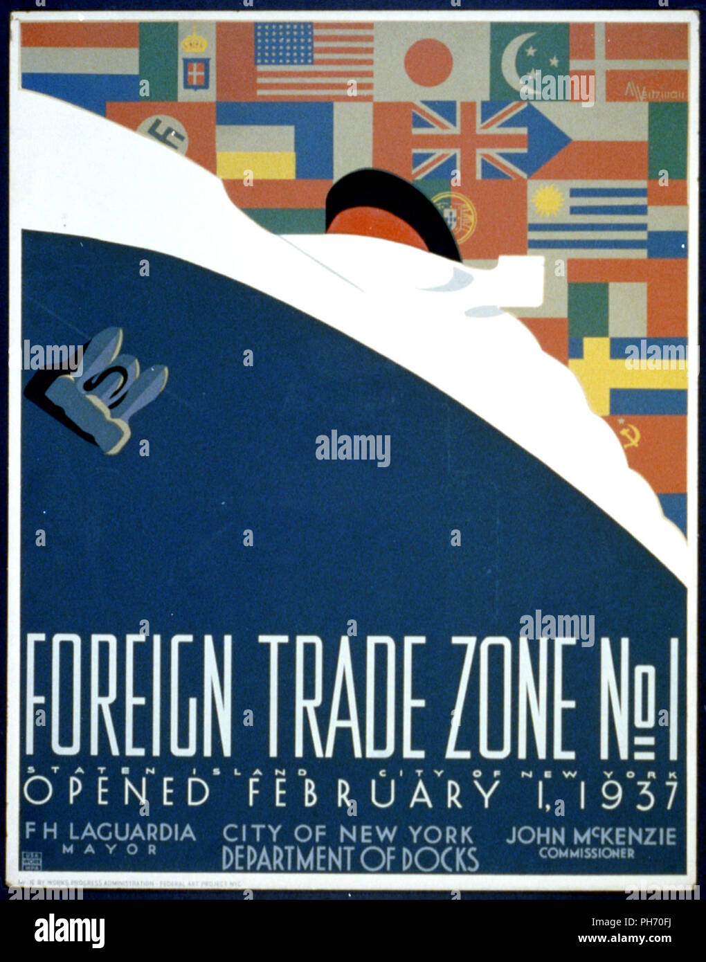 Plakat für die Stadt New York Abteilung der Docks, zeigt großen Ocean Liner mit den Fahnen vieler Nationen im Hintergrund Stockfoto