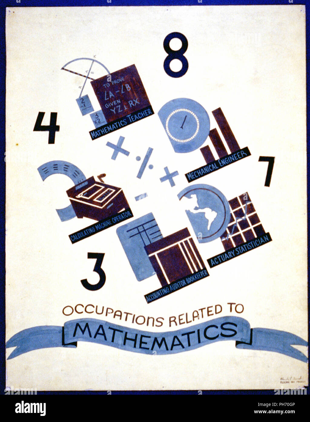 Plakat der Förderung der Berufe, die sich mit Mathematik, wie Mathematik Lehrer benötigen, Berechnung der Maschinenbediener, Maschinenbauingenieur, Abschlussprüfer Buchhalter, Versicherungsmathematiker, Statistiker Stockfoto