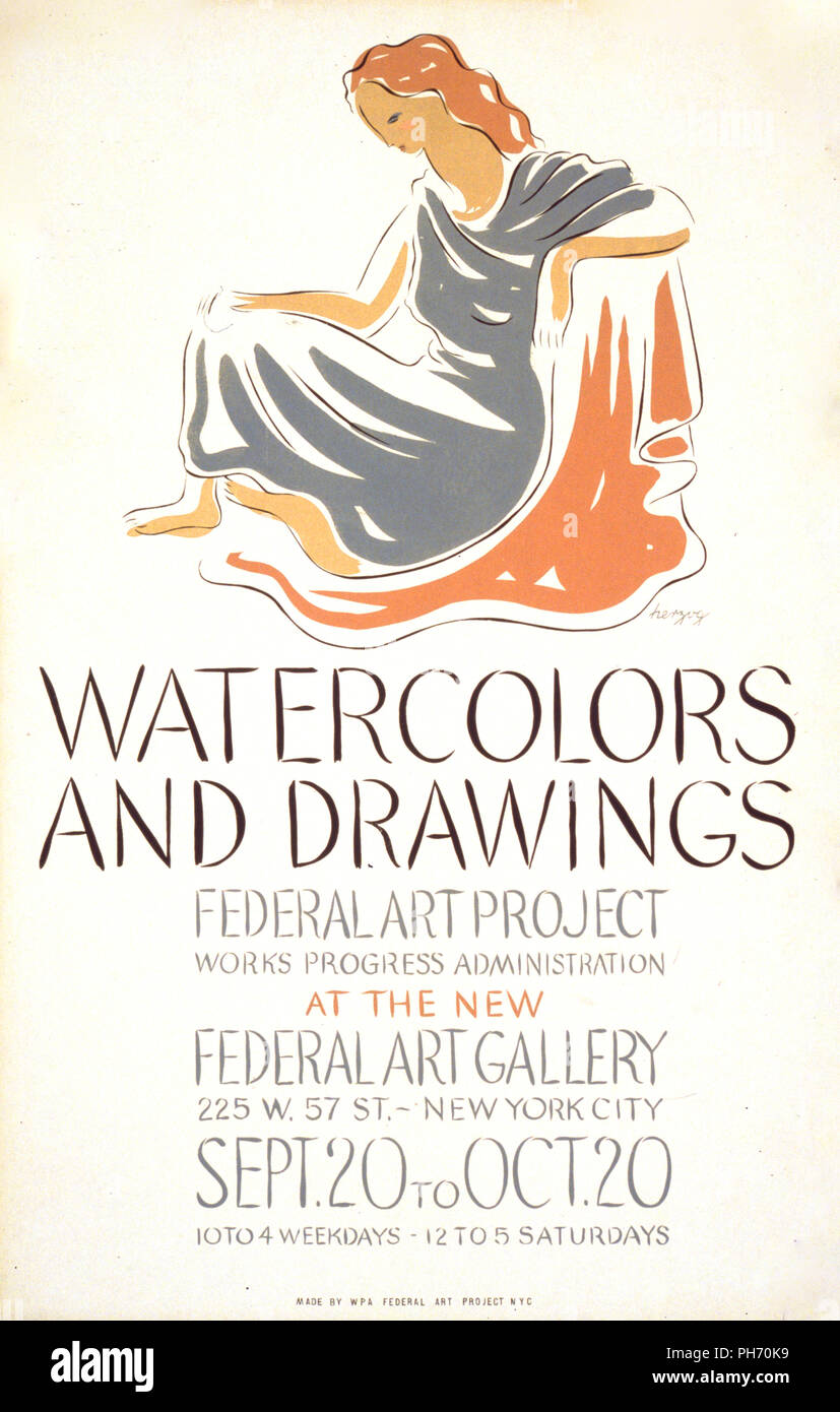 Plakat für Federal Art Project Ausstellung von Aquarellen und Zeichnungen auf Bundes Art Gallery, 225 W. 57 St., New York City, zeigt eine sitzende Frau. Stockfoto