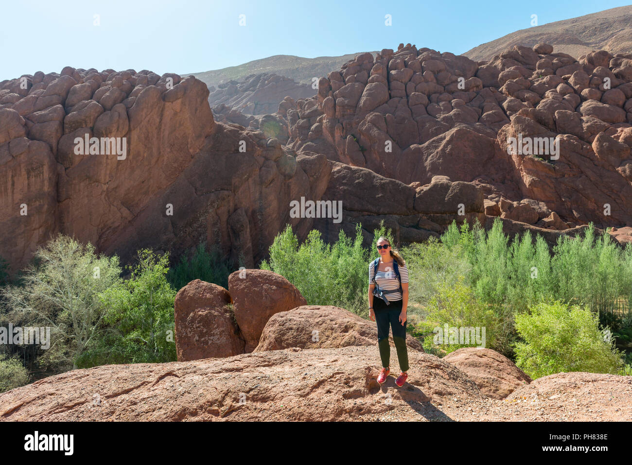 Weibliche Wanderer, roten Felsen im Tal, Dadès Marokko Stockfoto