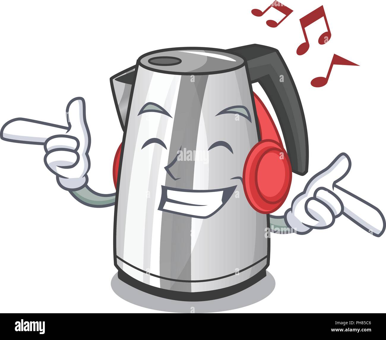 Musik Küche Wasserkocher auf ein Maskottchen Vector Illustration Stock Vektor