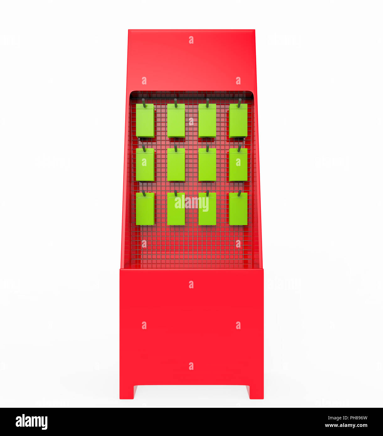 Telefon Zubehör Ständer, retail Display stand mit Haken für Produkt-, Anzeige steht auf weißem Hintergrund. 3D-Darstellung Stockfoto