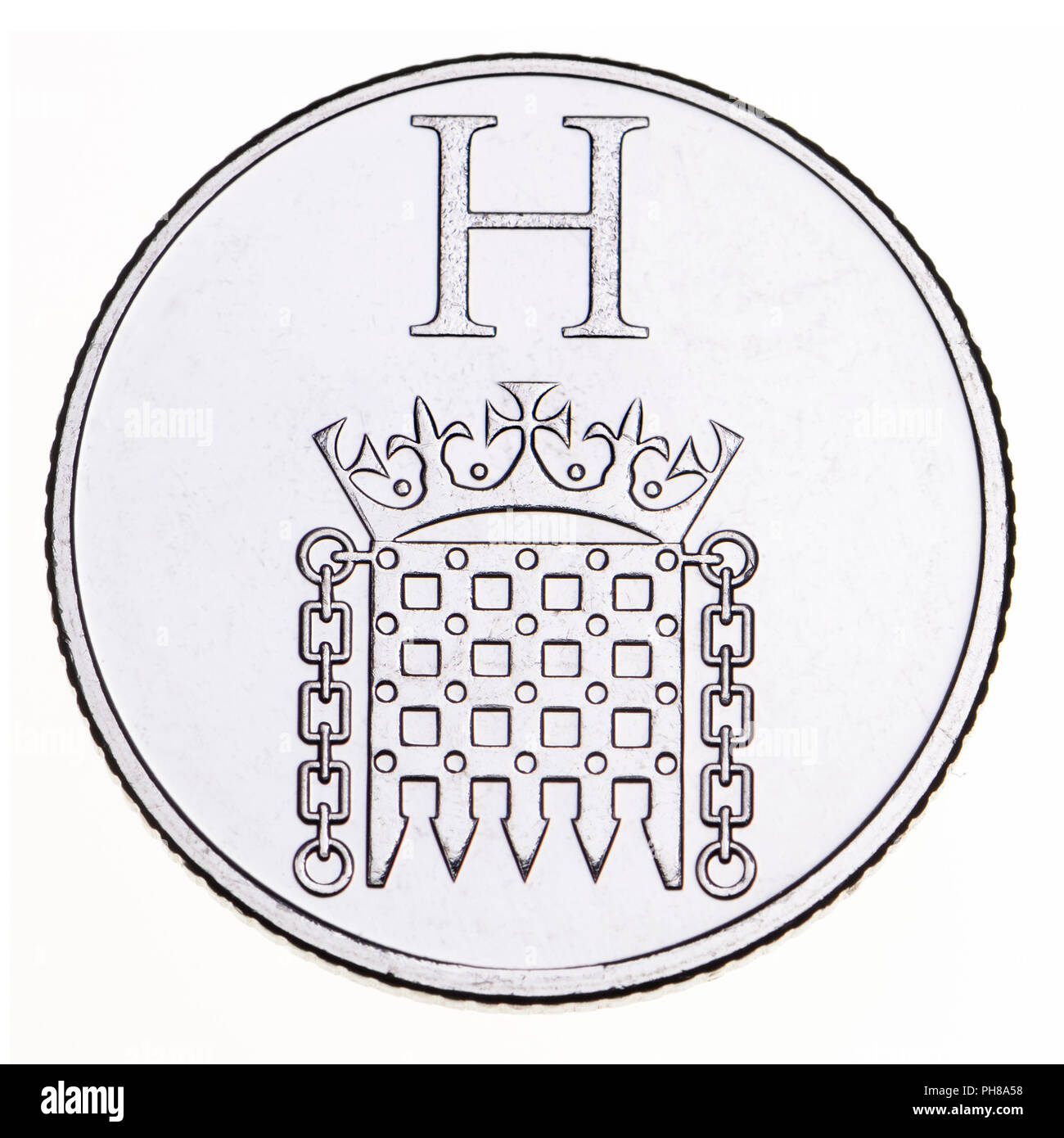 Britische 10p Münze (Rückwärts) von 2018 "Alphabet" Serie, feiern Britishness. H-Häuser des Parlaments Stockfoto