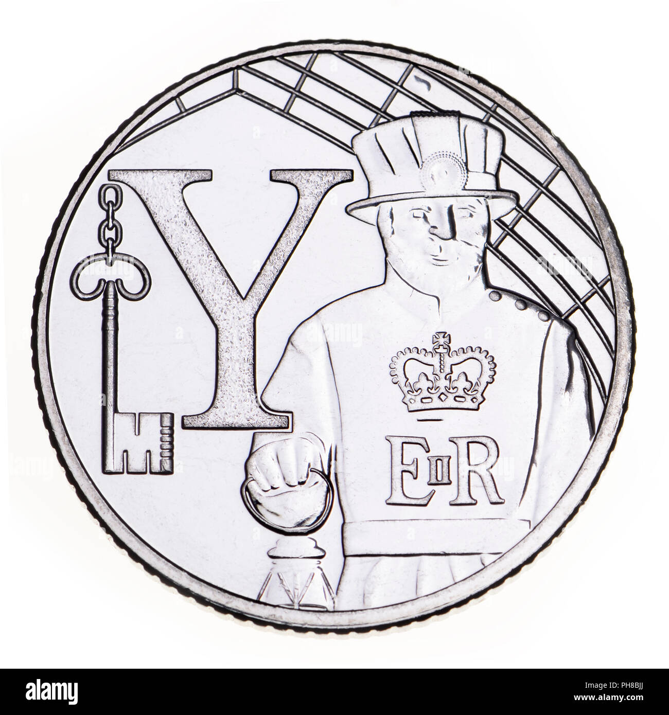 Britische 10p Münze (Rückwärts) von 2018 "Alphabet" Serie, feiern Britishness. Y-Yeoman Warder (Beefeater) Stockfoto