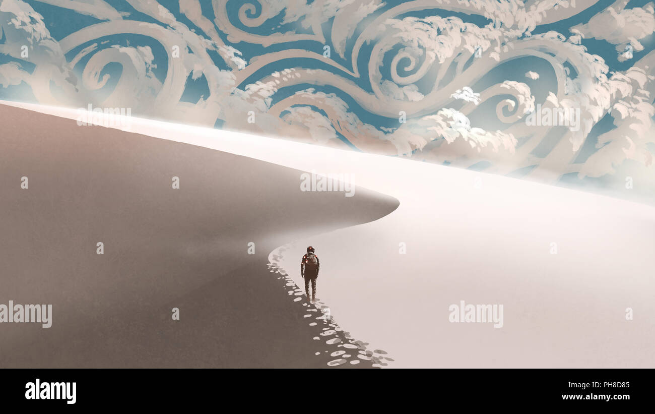 Platz Reisenden zu Fuß auf Sanddünen in der Weißen Wüste zu den Horizont mit Fantasy Wolken, digital art Stil, Illustration Malerei Stockfoto
