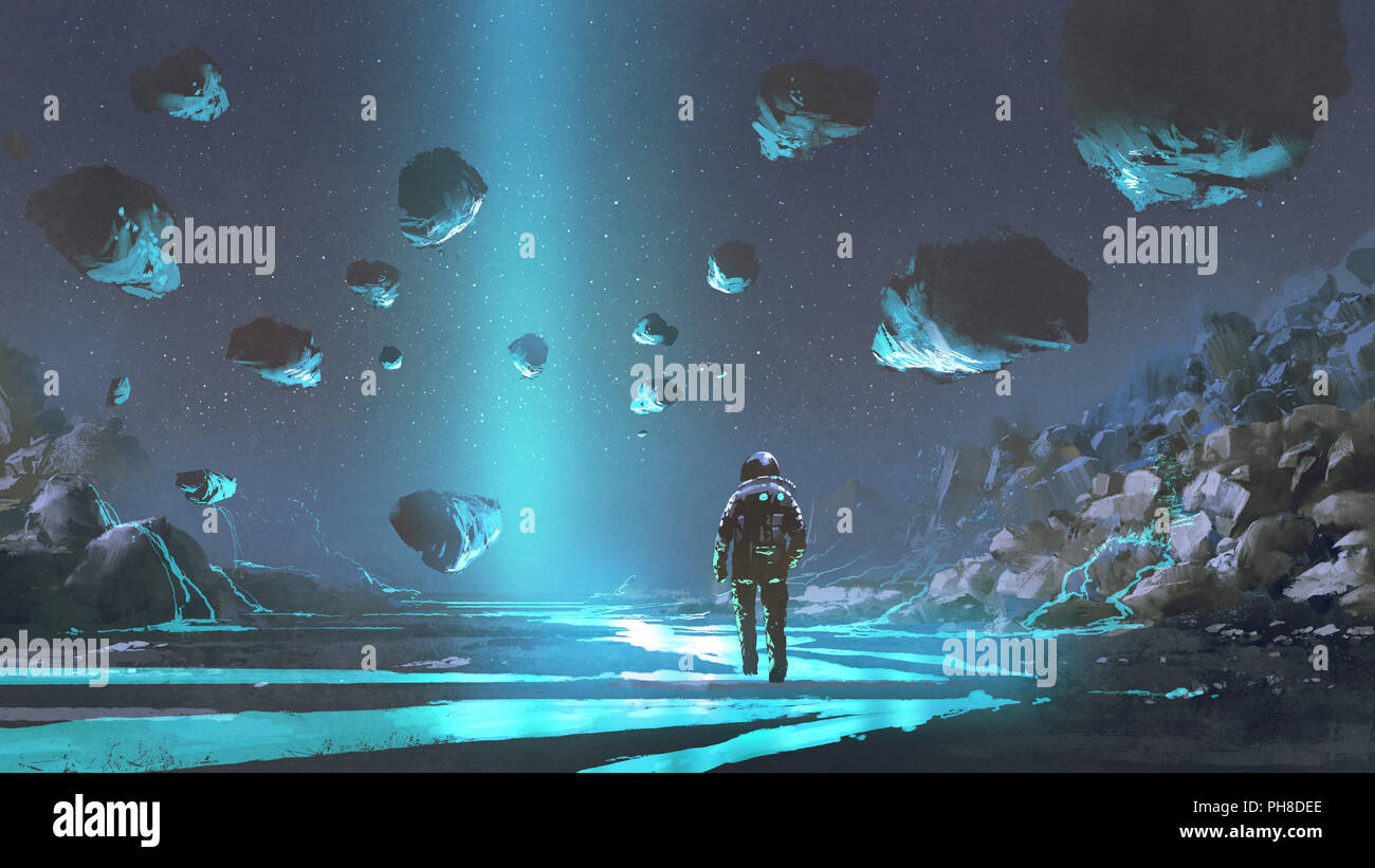 Astronaut auf Planeten mit Türkis leuchtende blaue Mineralien, digital art Stil, Illustration Malerei Stockfoto