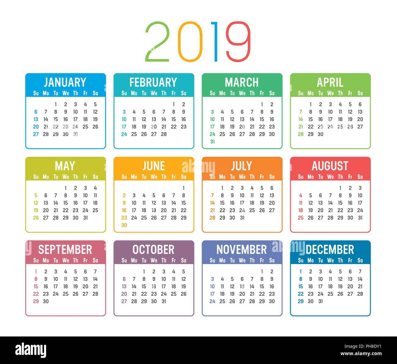 Buntes Jahr 2019 Kalender auf einem weissem Hintergrund Stock-Vektorgrafik  - Alamy