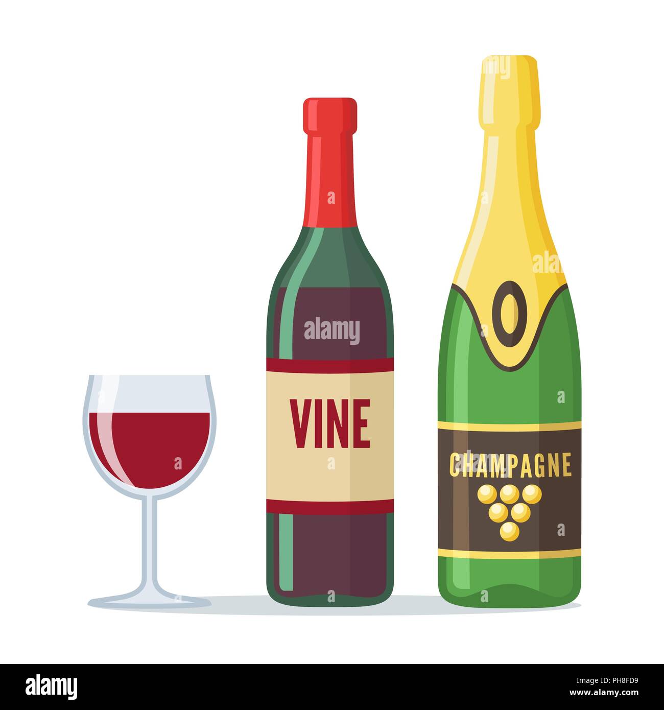 Flaschen Rotwein und Champagner Symbol im flachen Stil. Stock Vektor