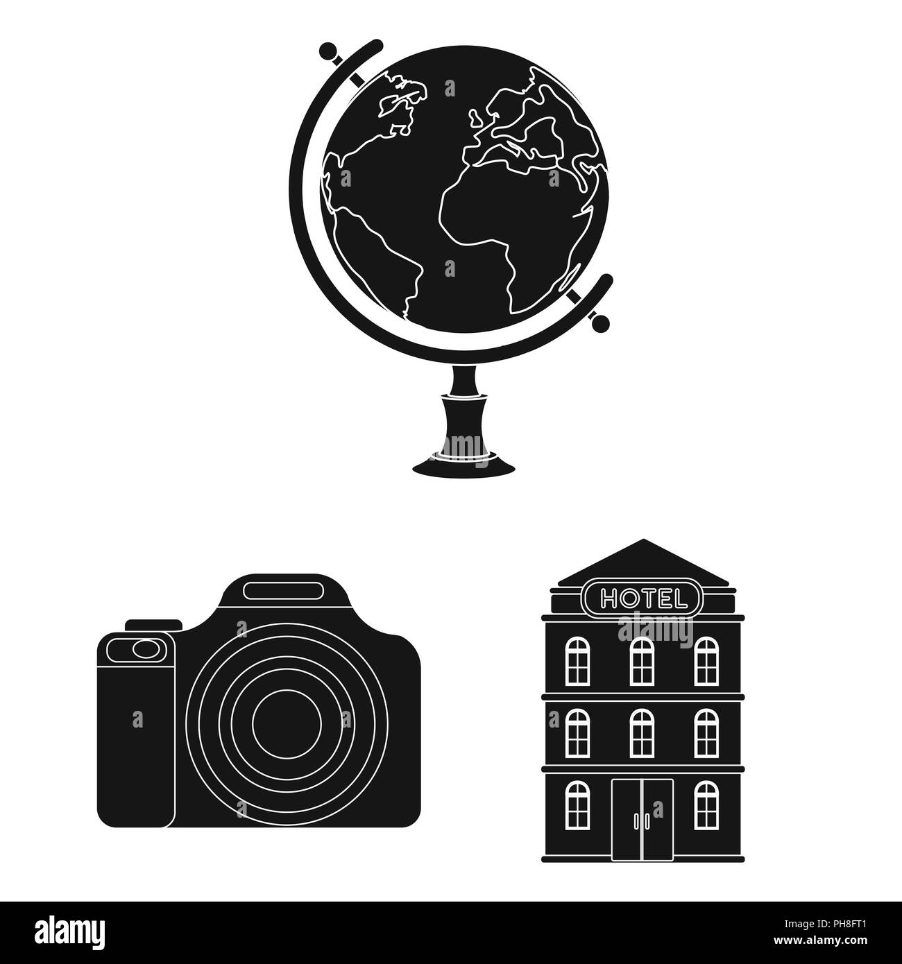 Ruhe und schwarze Symbole in der Gruppe reisen für Design. Verkehr, Tourismus vektor Symbol lieferbar Abbildung. Stock Vektor Ruhe und schwarze Symbole in der Gruppe reisen für Design. Verkehr, Tourismus vektor Symbol lieferbar Abbildung. Stock Vektor