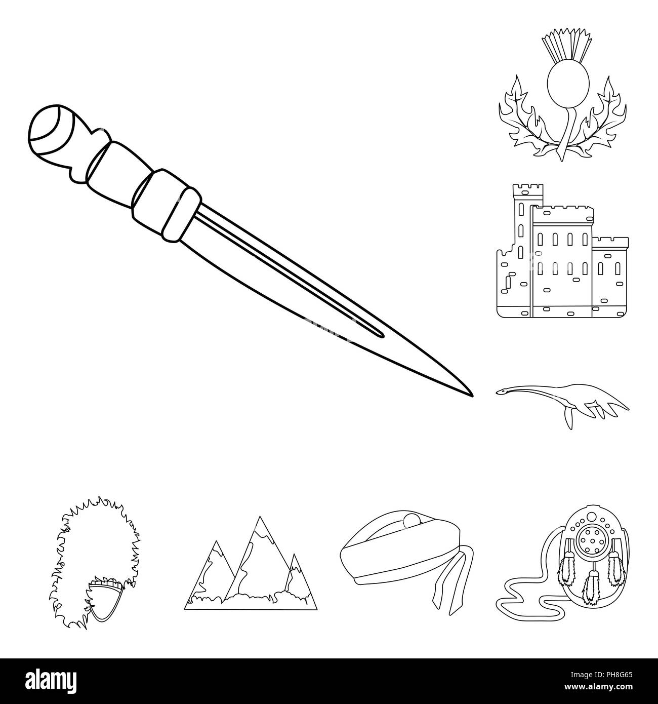 Land Schottland Umrisse Symbole im Set Sammlung für Design. Sightseeing, Kultur und Tradition vektor Symbol lieferbar Abbildung. Stock Vektor