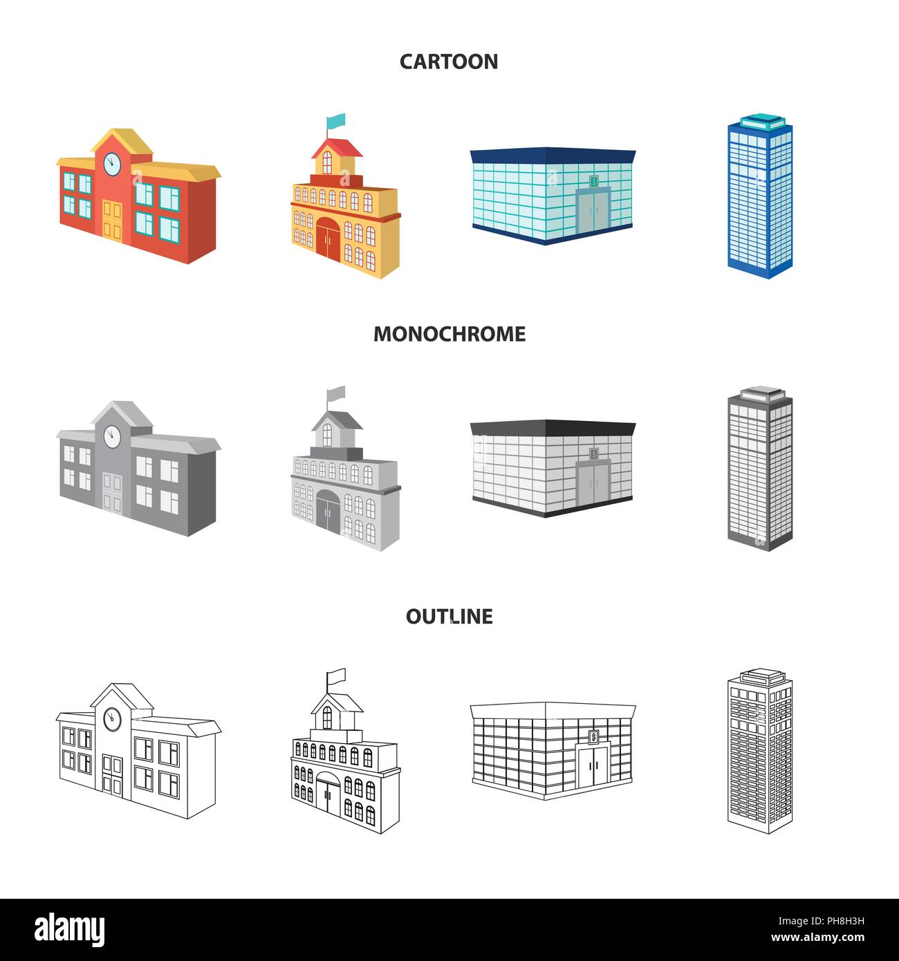 Bank office, Wolkenkratzer, Rathaus Gebäude, Hochschule Gebäude. Architektur und Struktur Sammlung Icons im Cartoon, Outline, Schwarzweiß-Stil ve Stock Vektor