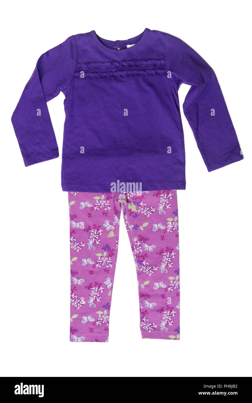 Kinderbekleidung, lila Pullover und rosa Hose. Stockfoto