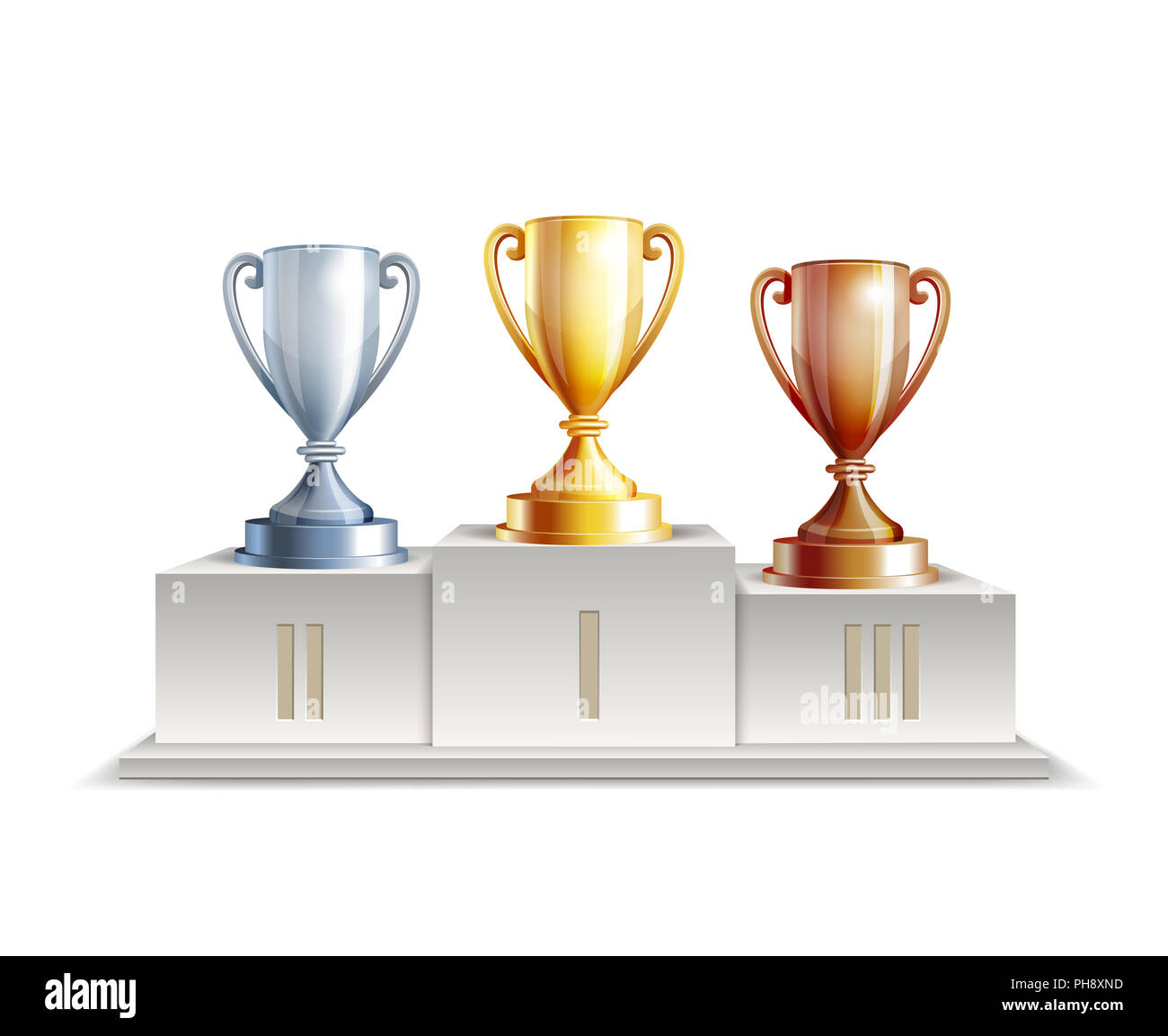 Podium Gewinner mit Pokal Becher Stockfoto