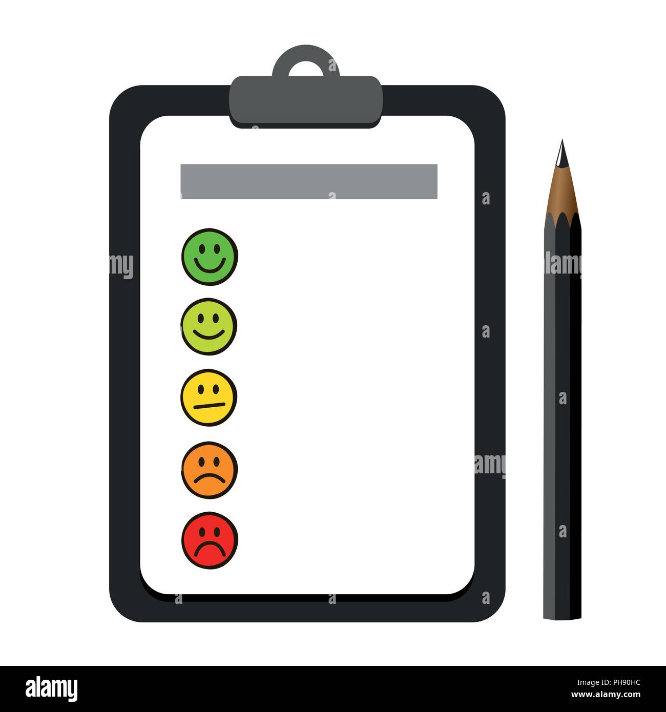 Emoticon smiley rating Symbole auf einem Klemmbrett mit dunklen Stift Vector Illustration Stock Vektor