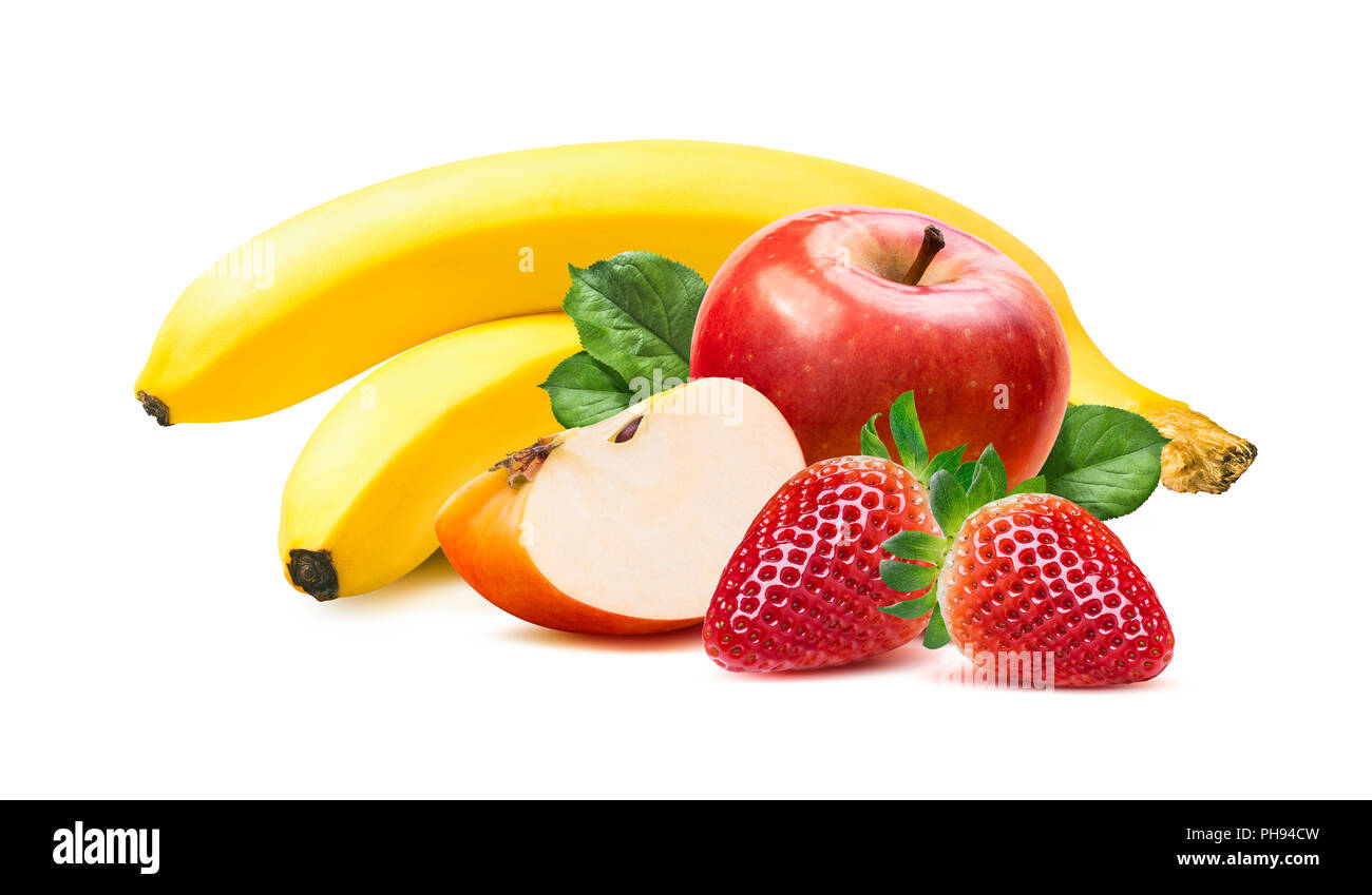 Bananen, Äpfel und Erdbeeren horizontale Zusammensetzung auf weißem Hintergrund Stockfoto