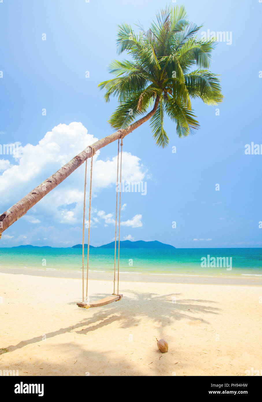 tropische Insel Strand mit Kokospalmen und Schaukel Stockfoto