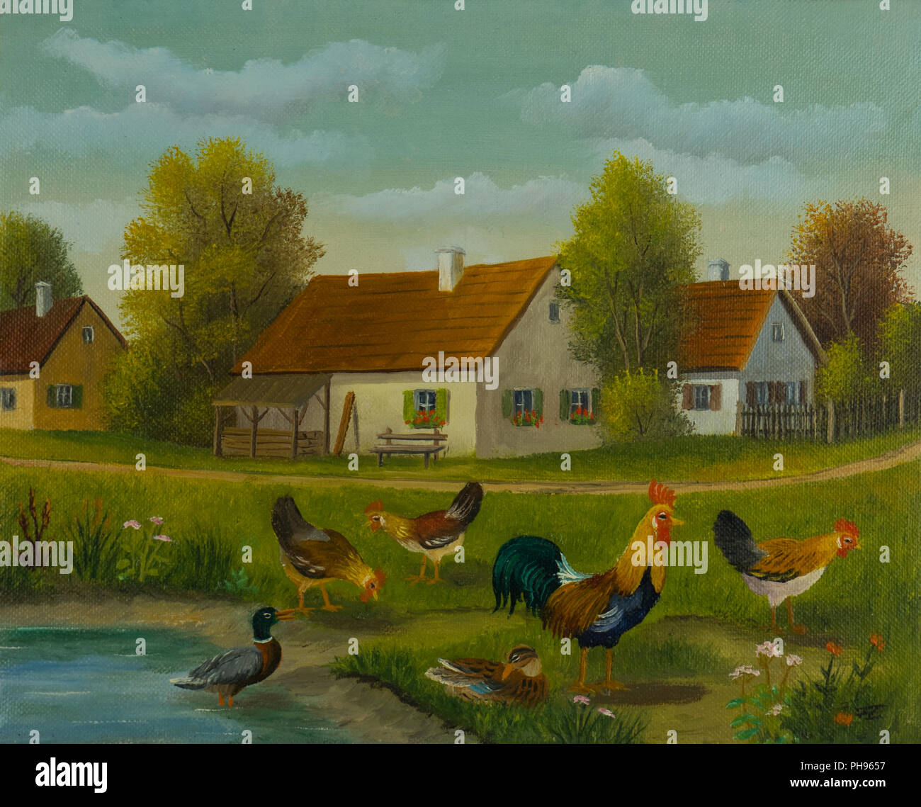 Hühner und Enten auf einem Teich vor einem Bauernhof Stockfotografie