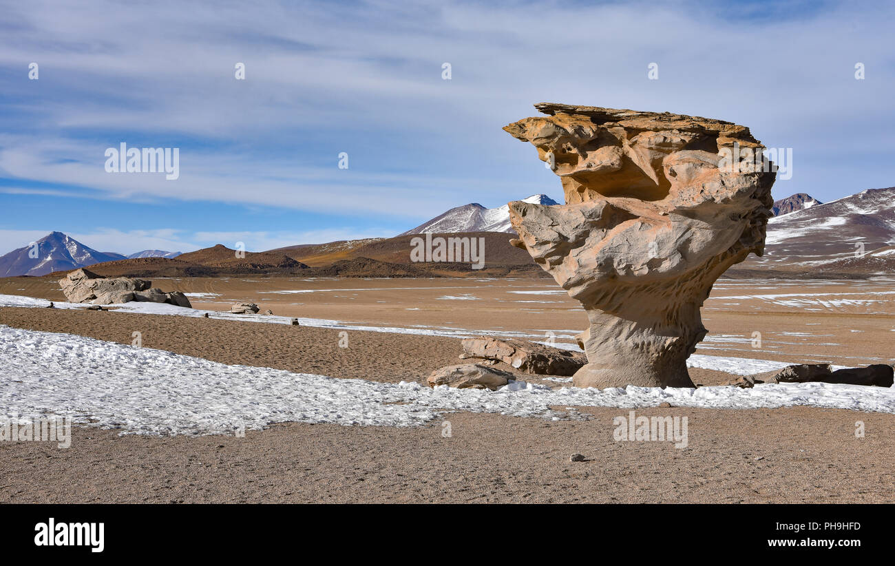 Der Arbol de Piedra (Stein), in der Siloli Wüste, Sud Lipez Provinz, Uyuni, Bolivien. Stockfoto