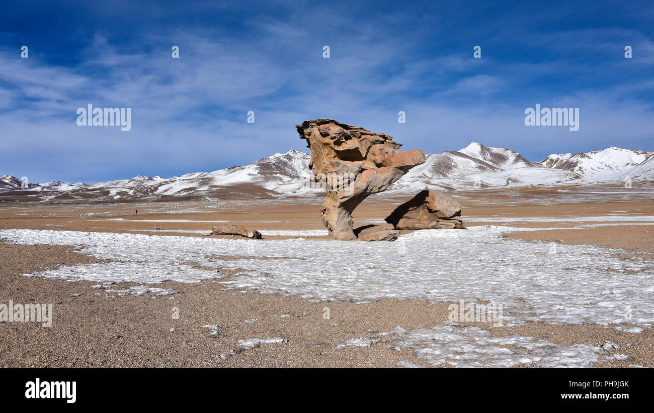 Der Arbol de Piedra (Stein), in der Siloli Wüste, Sud Lipez Provinz, Uyuni, Bolivien. Stockfoto