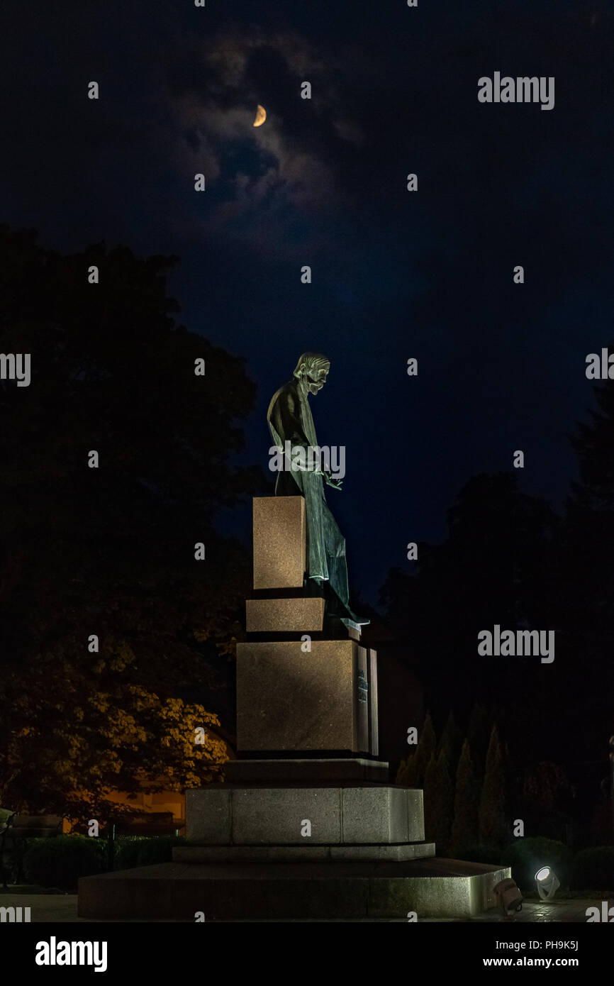 Bronzestatue von Ignacy Lukasiewicz polnischen Pionier, der im Jahr 1856 erste ölraffinerie steht der Welt in Krosno, Polen gebaut. Nacht der Fotografie. Stockfoto