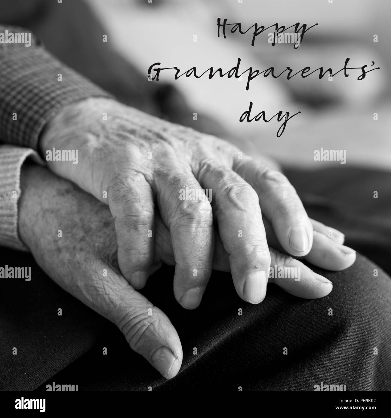 Nahaufnahme eines alten weißen Mann und eine alte kaukasische Frau sitzt in einer Couch Hände mit Zuneigung, und den Text gerne Großeltern-Tag Stockfoto