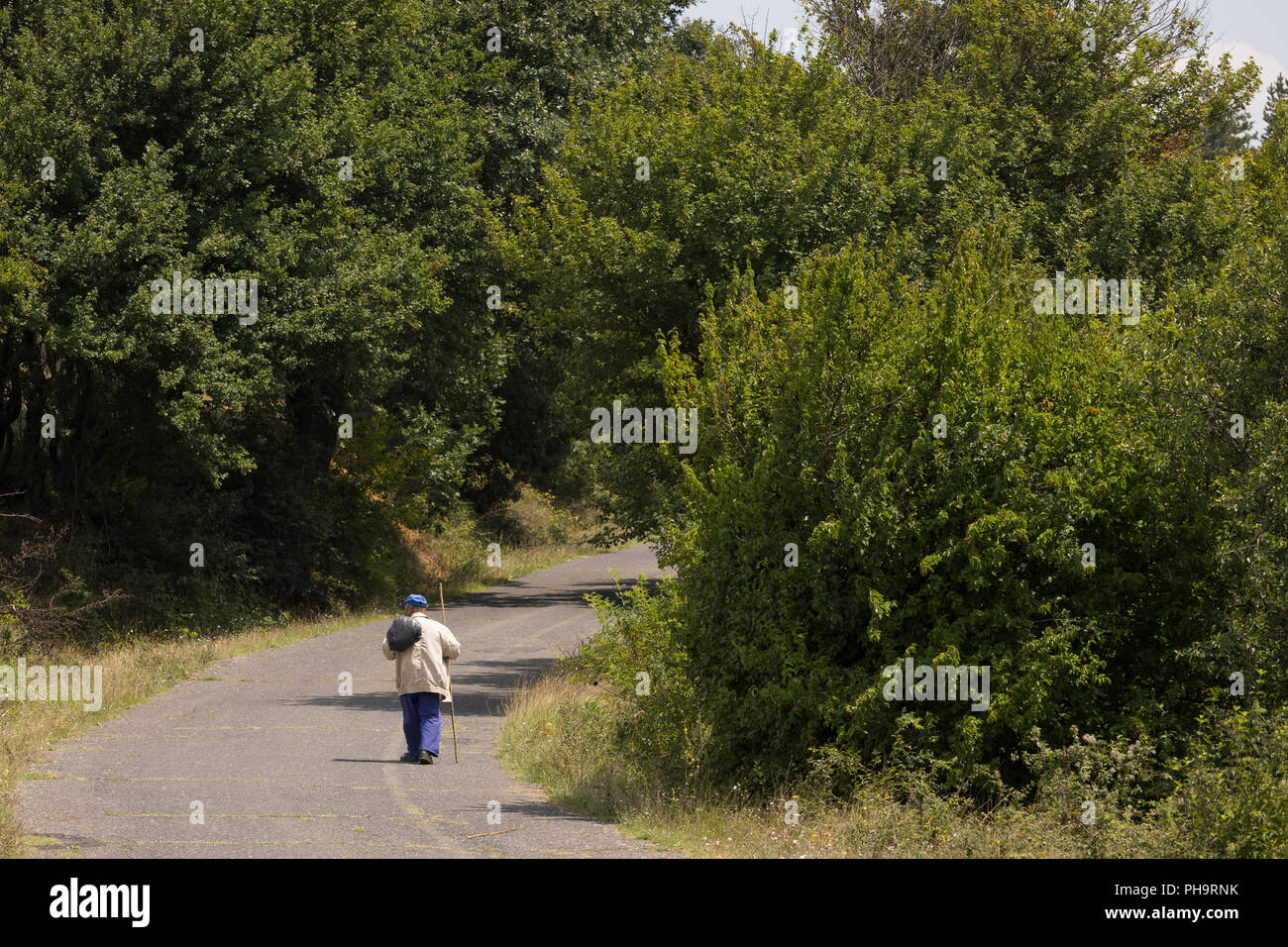 Einsamer Mann mit einem Stock und Tasche auf seiner Schulter zu Fuß einen Berg Straße während der heißen Tage im Sommer, Bulgarien Stockfoto