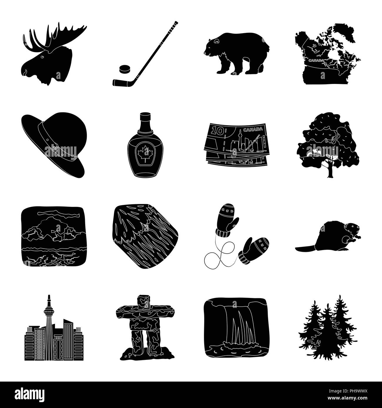 Land Kanada schwarze Symbole in der Sammlung für Design. Kanada und der charakteristische Vektor Symbol lieferbar Abbildung. Stock Vektor