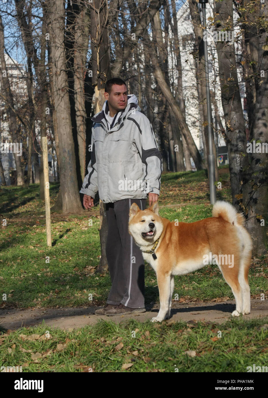 Stolzer Mann und seine wunderschönen Hund Stockfoto