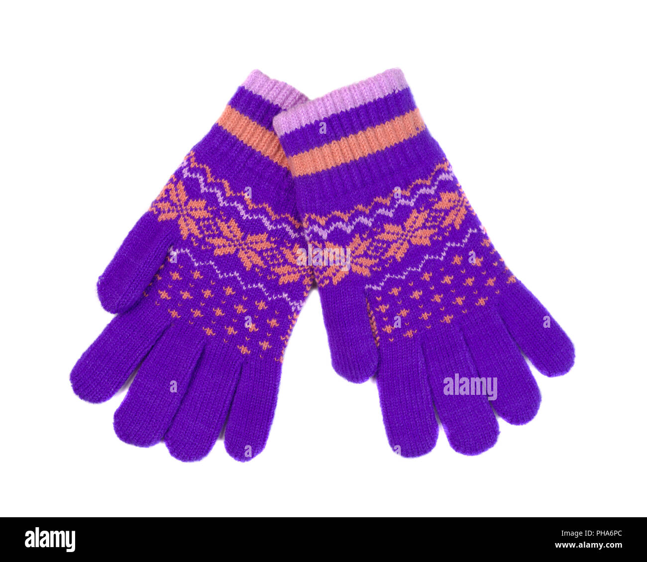 Violett-orange Handschuhe mit Winter Muster, Paar. Stockfoto