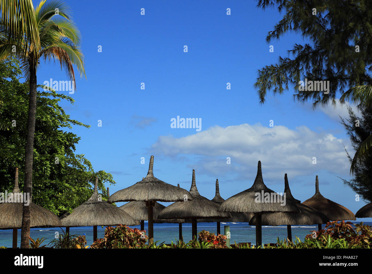 Mauritius, Westküste mit Sonnenschirmen Stockfoto