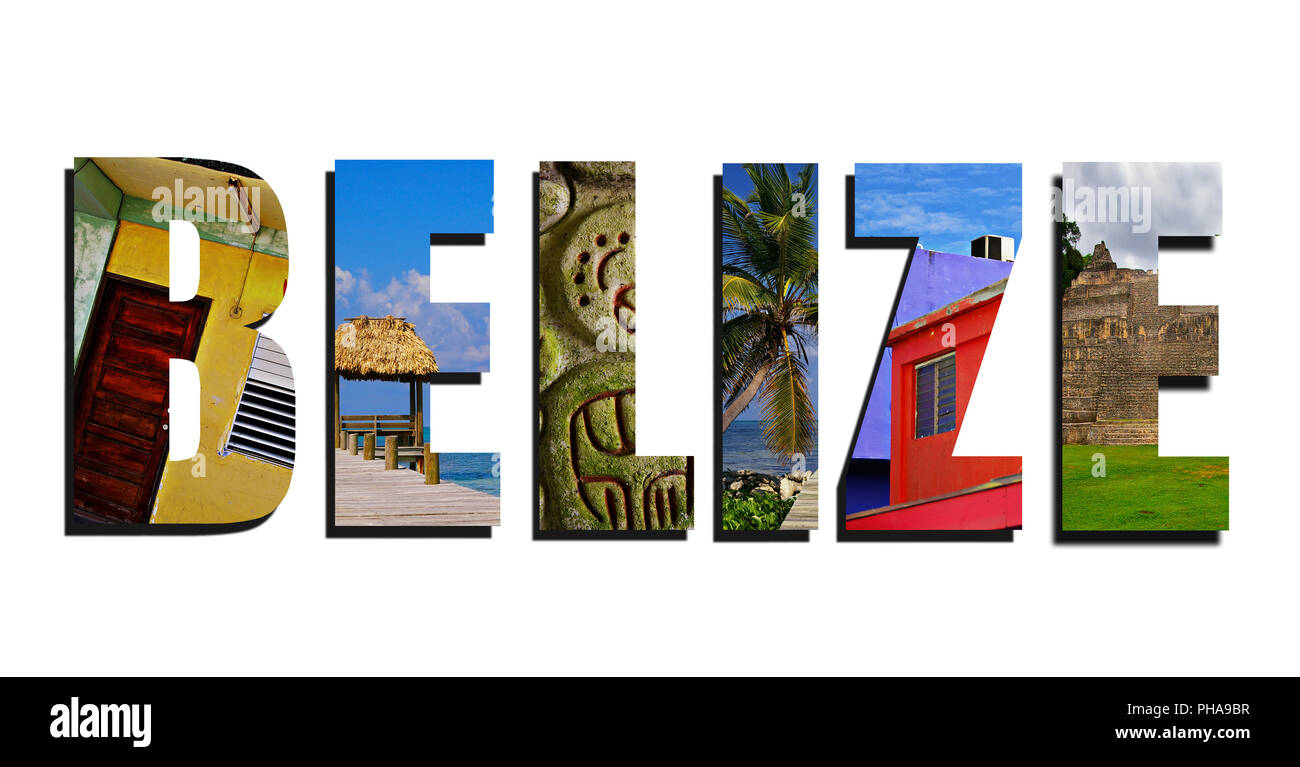 Collage Belize auf Weiß Stockfoto