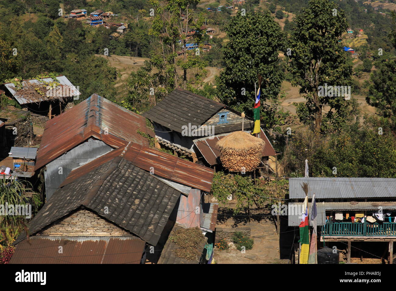 Mais gespeichert vor einem Bauernhaus in Nepal Stockfoto