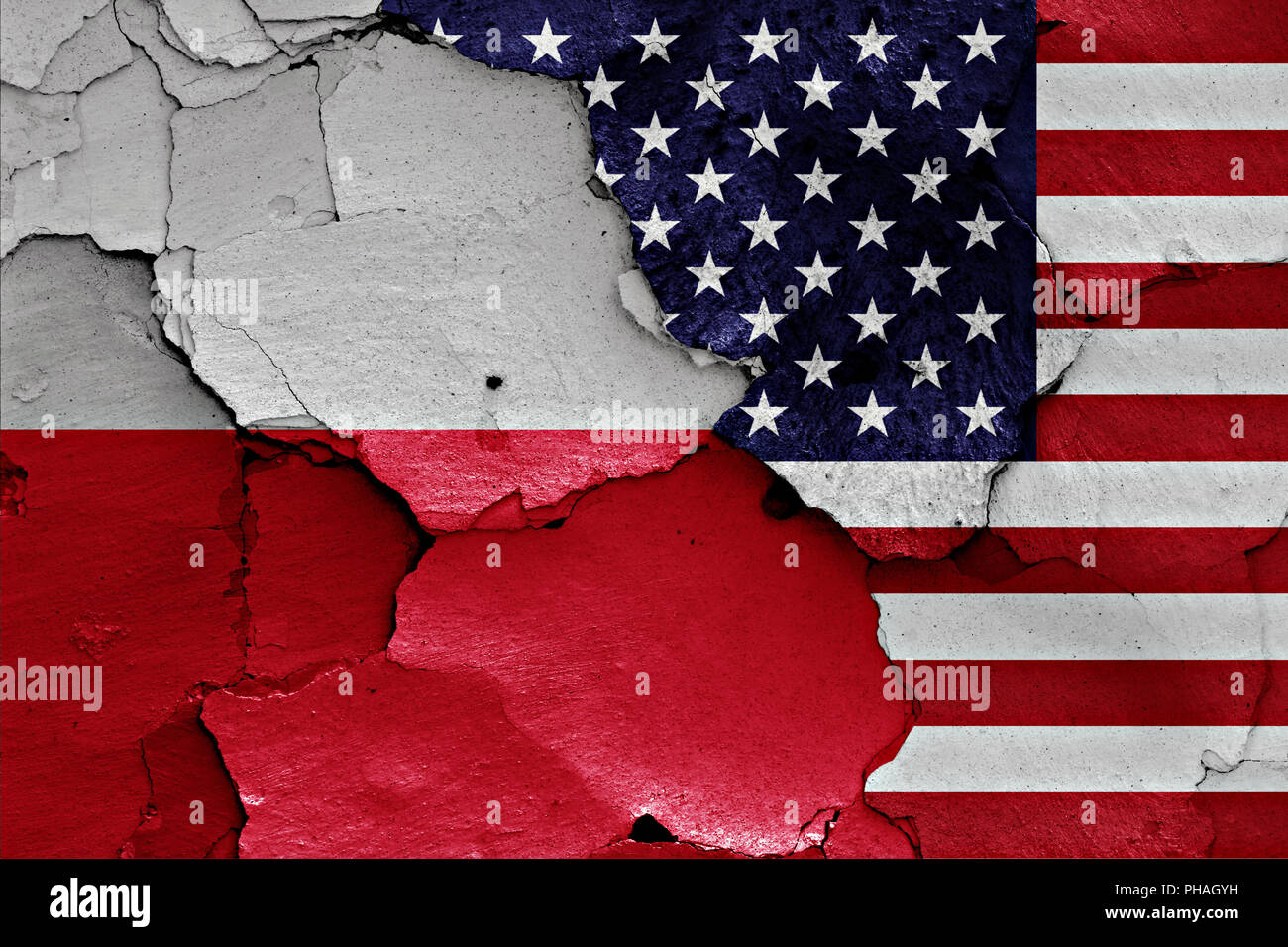 Flagge von Polen und USA auf rissige Wand gemalt Stockfoto