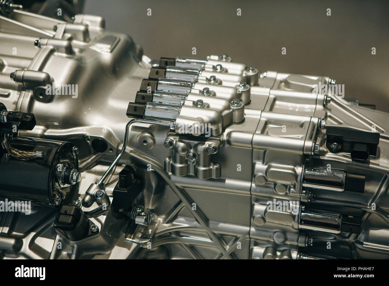 Eine Nahaufnahme des Motors oder auto motor Innen. Technologie Hintergrund Stockfoto