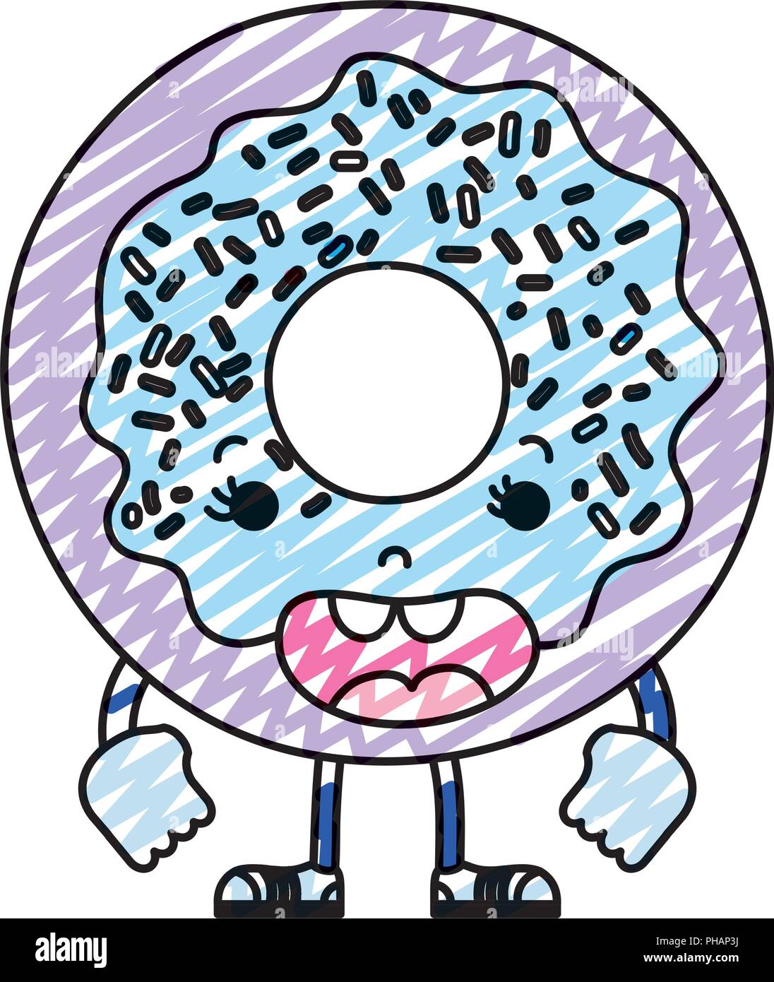 Doodle kawaii lustige Donut mit Armen und Beinen Vector Illustration