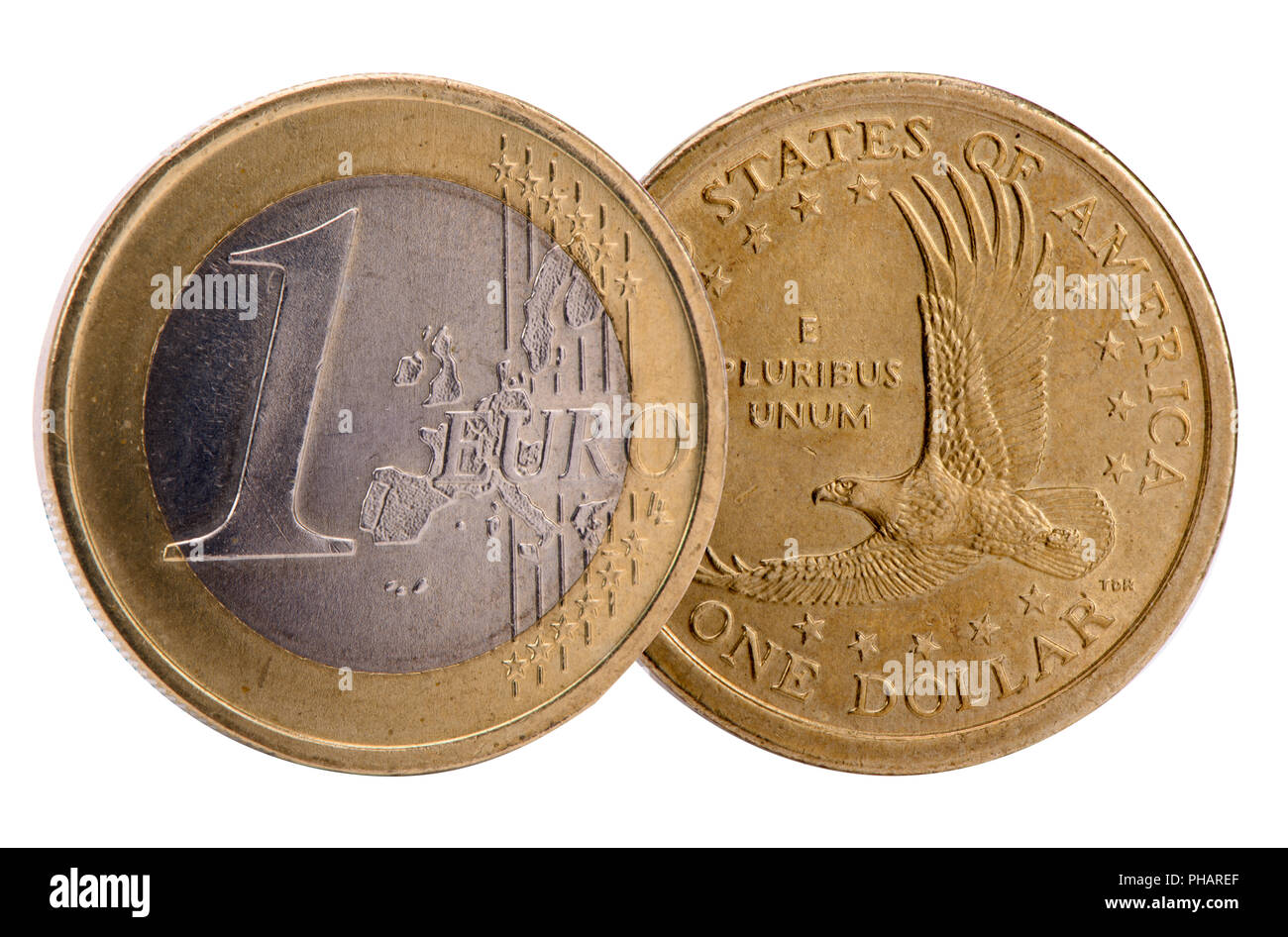 Einzel- und isolierten Münzen von Dollar und Euro-Währungen Stockfoto