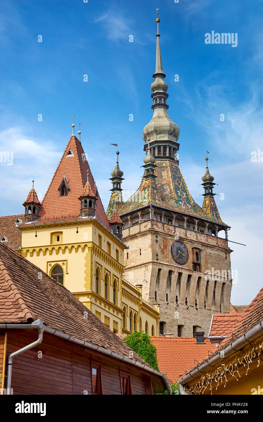 Clock Tower in der Altstadt von Schäßburg, Siebenbürgen, Rumänien Stockfoto