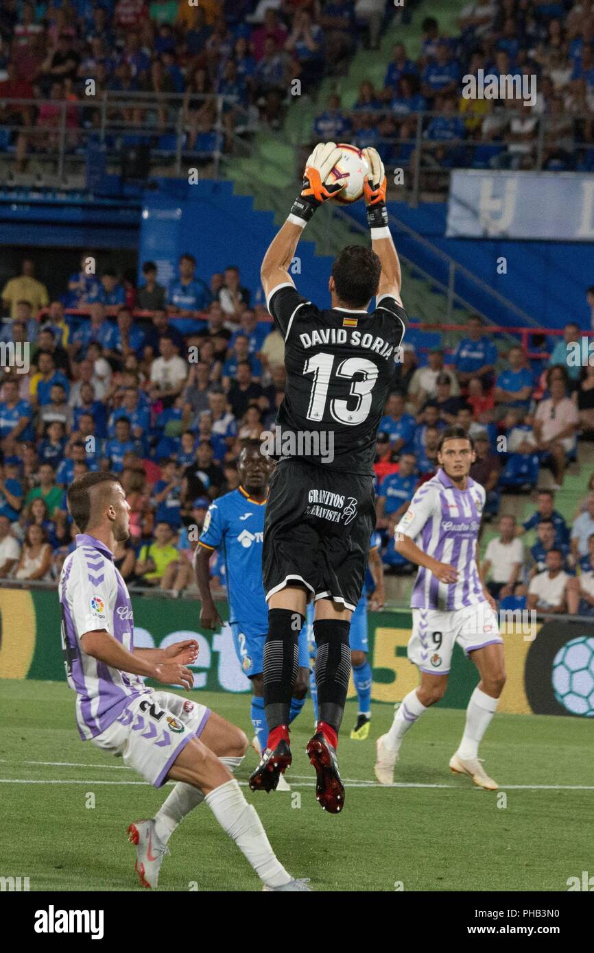 Spanien - August 31 th: Getafe C.F. David Soria, während dem Spiel zwischen Getafe C.F. V-Real Valladolid für den Spieltag der 3. seasson von La Liga, bei Coliseum Alfonso PÃ©rez Stadium am 31.August 2018 in Madrid, Spanien gespielt. Cordon drücken Sie Stockfoto