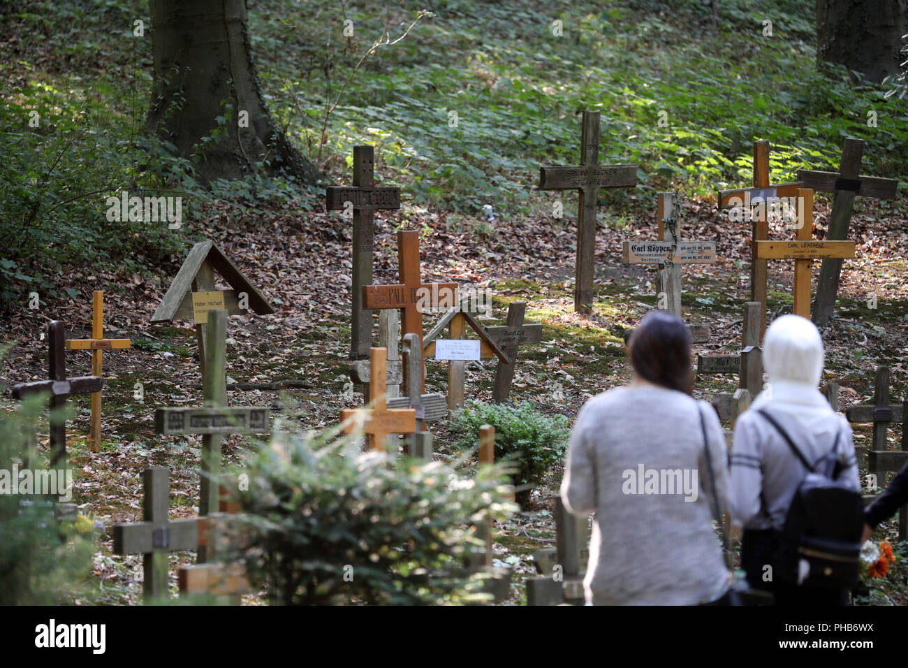 Deutschland, Neubrandenburg. 29 Aug, 2018. Schüler/innen besuchen die südlichen Friedhof der Sowjetischen Internierungslager in den fünf Eichen Memorial. Von 1939-45 war der Ort ein Krieg camp Gefängnis in Fünfeichen, nach 1945 war es die "besondere Lager Nr. 9" Der sowjetische Geheimdienst NKWD. Mehr als 10.000 Menschen starben auf der Website. Am 1. September 2018 Ein Festakt "70 Jahre Abschluss des Camps in Fünfeichen Fünfeichen findet in Anspruch nehmen. Quelle: Bernd Wüstneck/dpa/Alamy leben Nachrichten Stockfoto