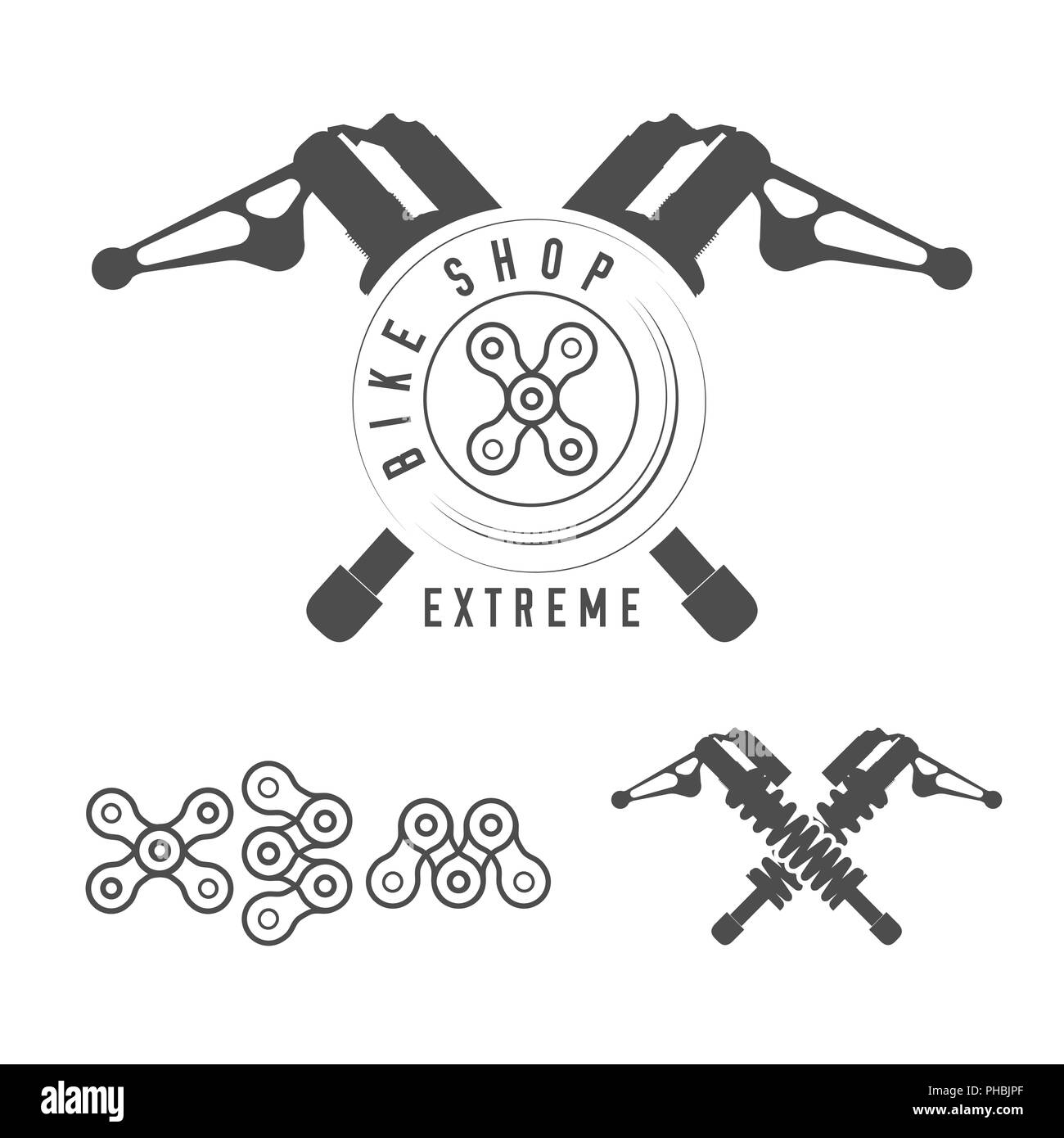 Fahrrad Shop, Extreme Bikes Emblem. Gekreuzt Stoßdämpfer hinten, X Zeichen aus Fahrradkette. Monochrome Darstellung. Extreme Typografie. Stockfoto