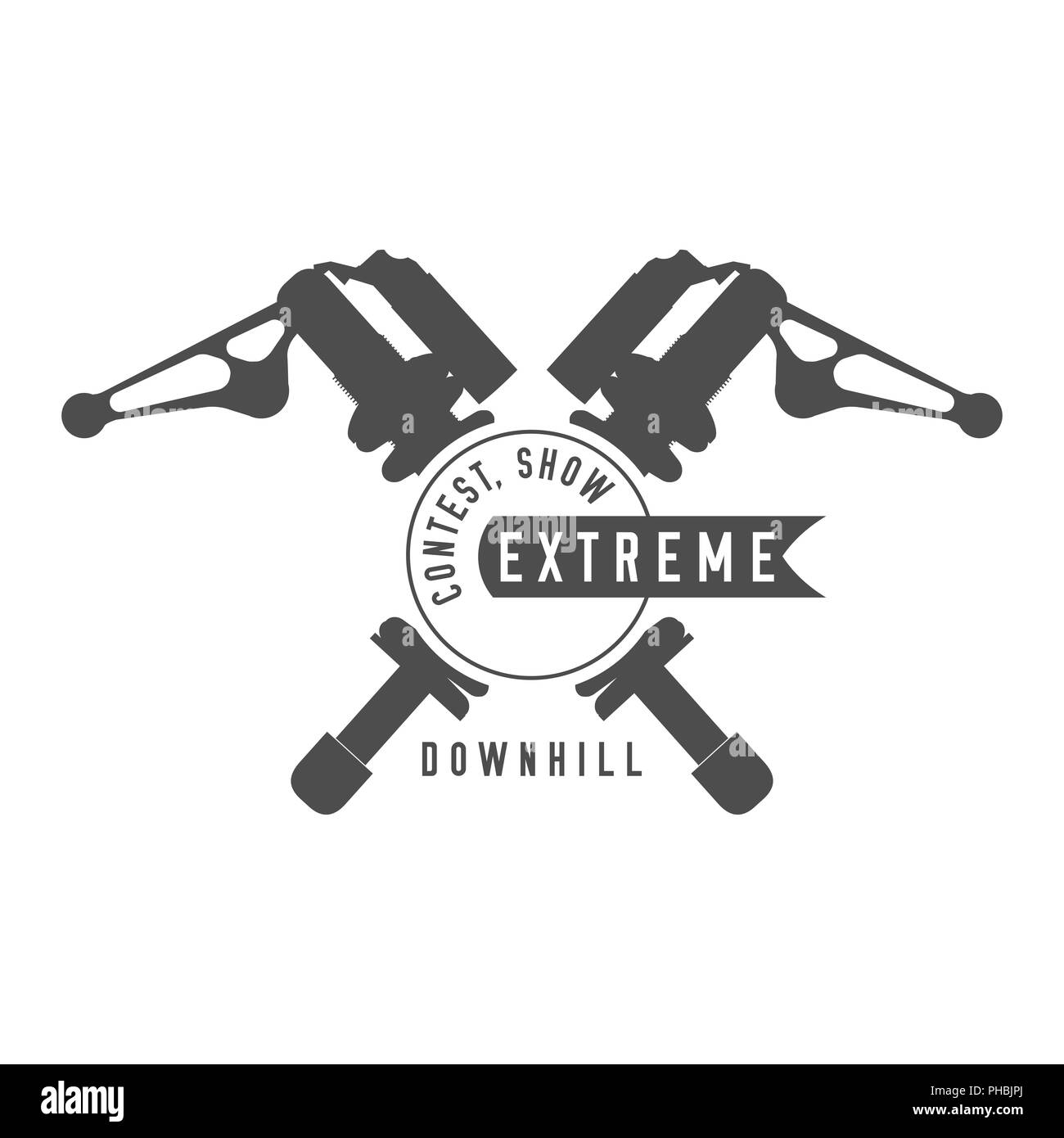 Fahrrad zeigen, Extreme Bikes Contest Emblem. Stoßdämpfer hinten gekreuzt, Band Banner. Monochrome Darstellung. Stockfoto