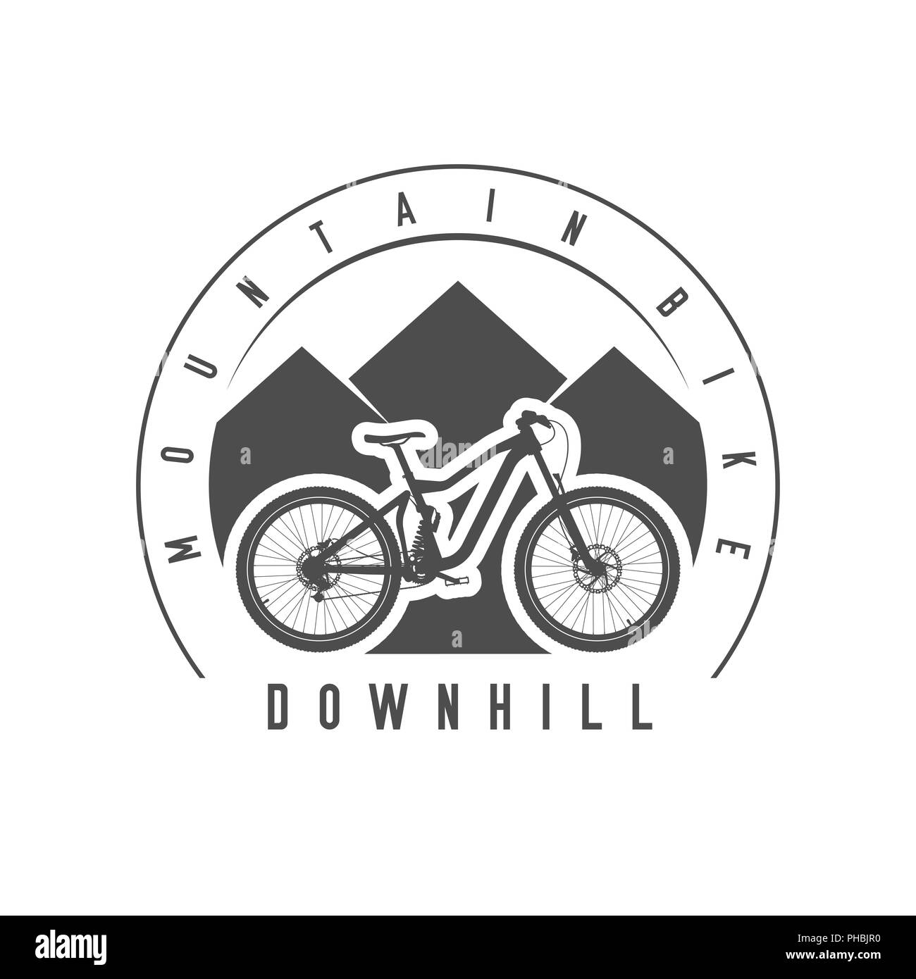 Mountainbike, Downhill Emblem oder Logo. Monochrome Darstellung. Downhill Fahrrad detaillierte Silhouette. Stockfoto