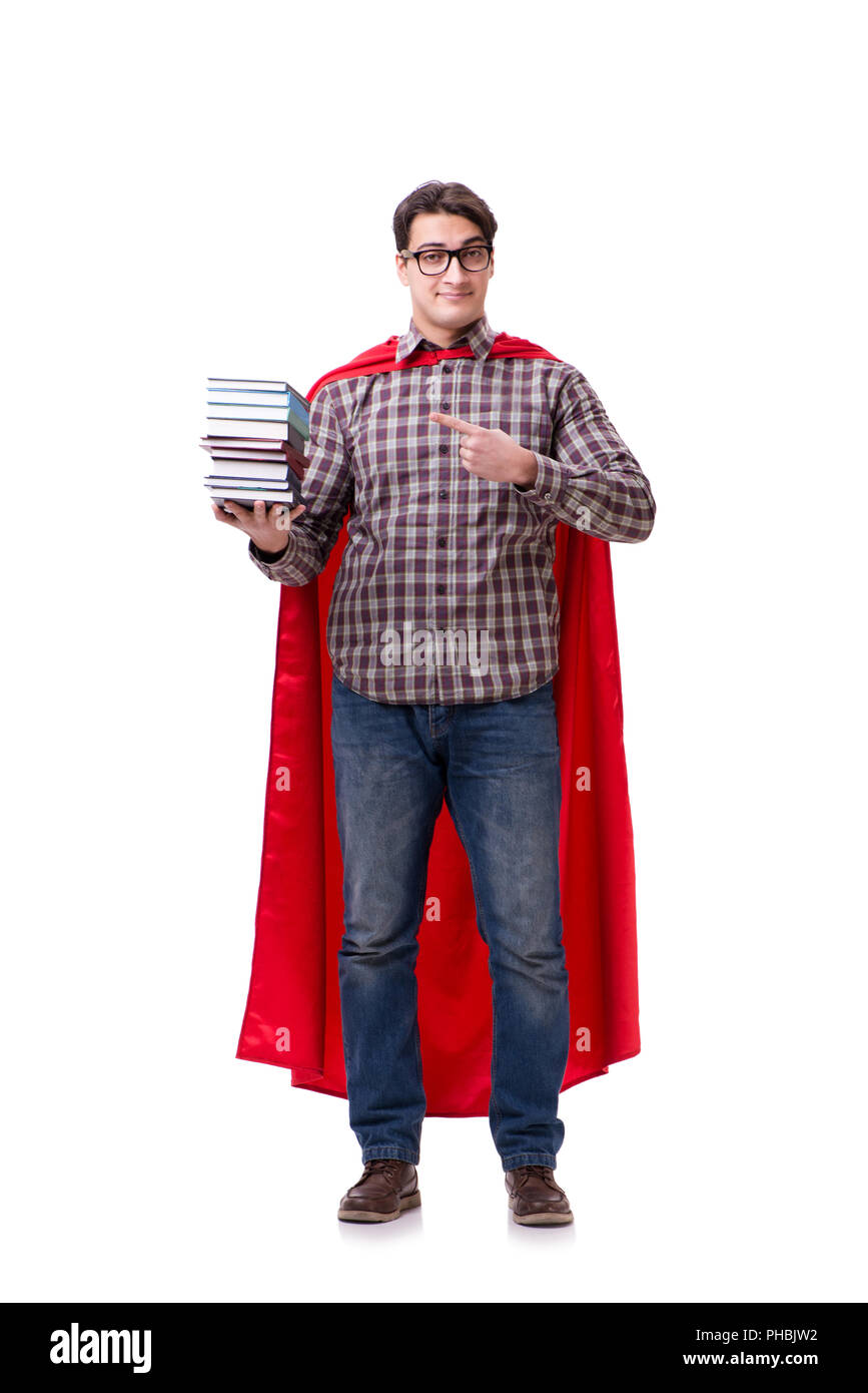 Super Hero student mit Büchern isoliert auf weißem Stockfoto